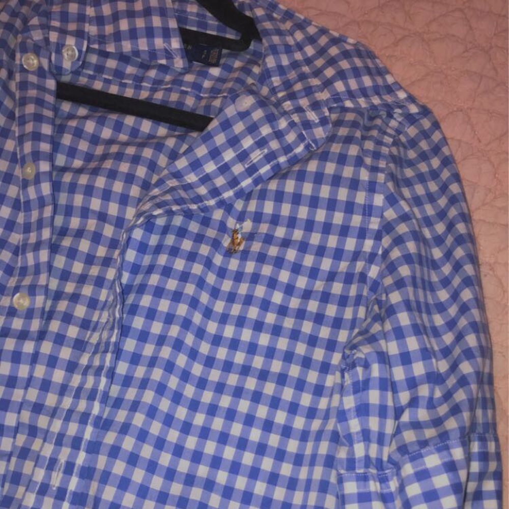 Blue and white checkered polo button down